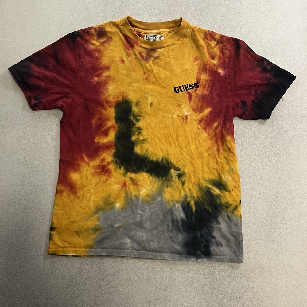 GUESS Originals Tie Dye T-Shirt Mens S Yellow Red Nautical Flag Logo Graphic Tee